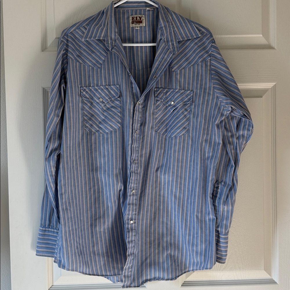 Blue and Orange striped Pearl Snap Shirt